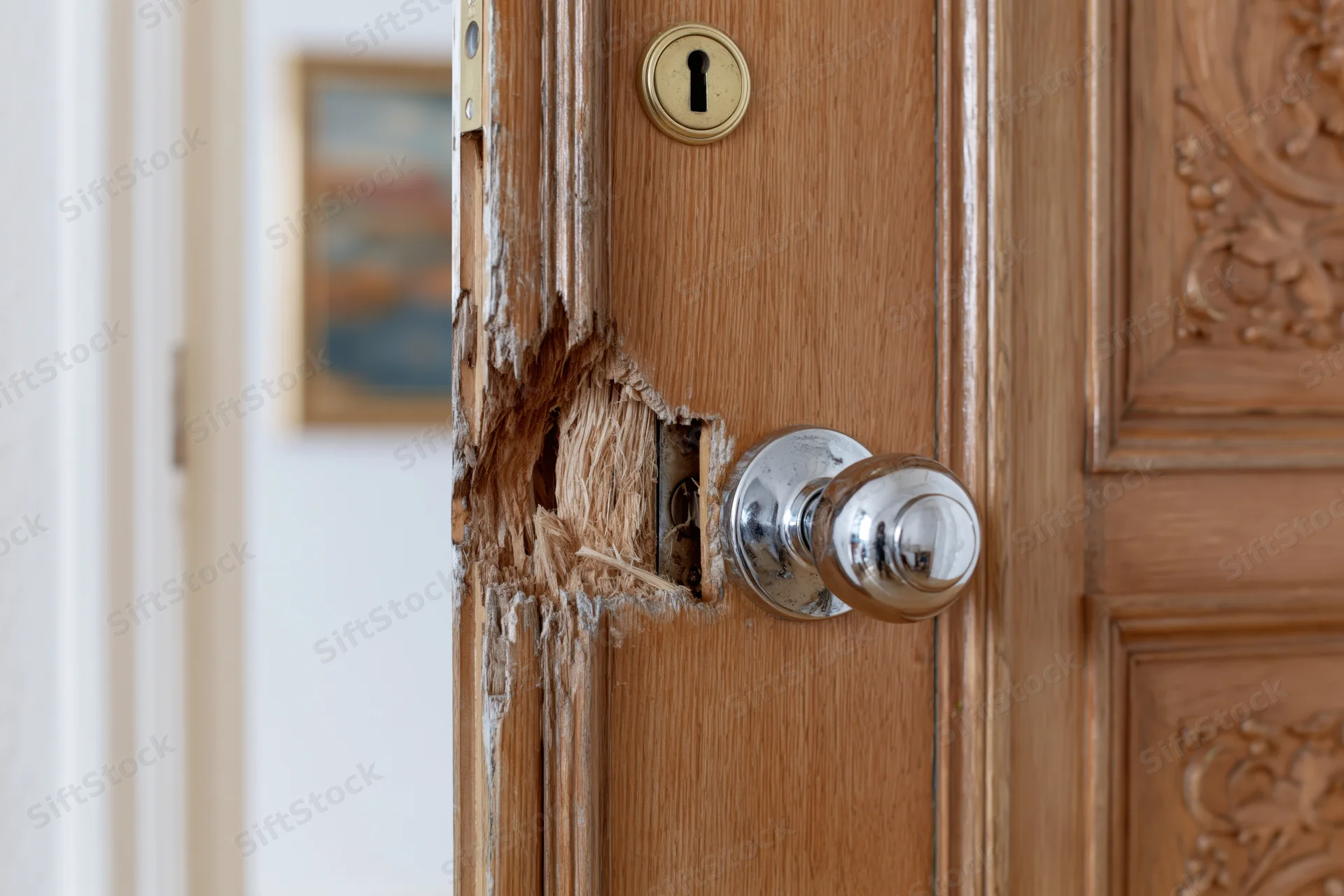 Close-up of a damaged wooden interior door with ornate carved panels and a broken section near the doorknob