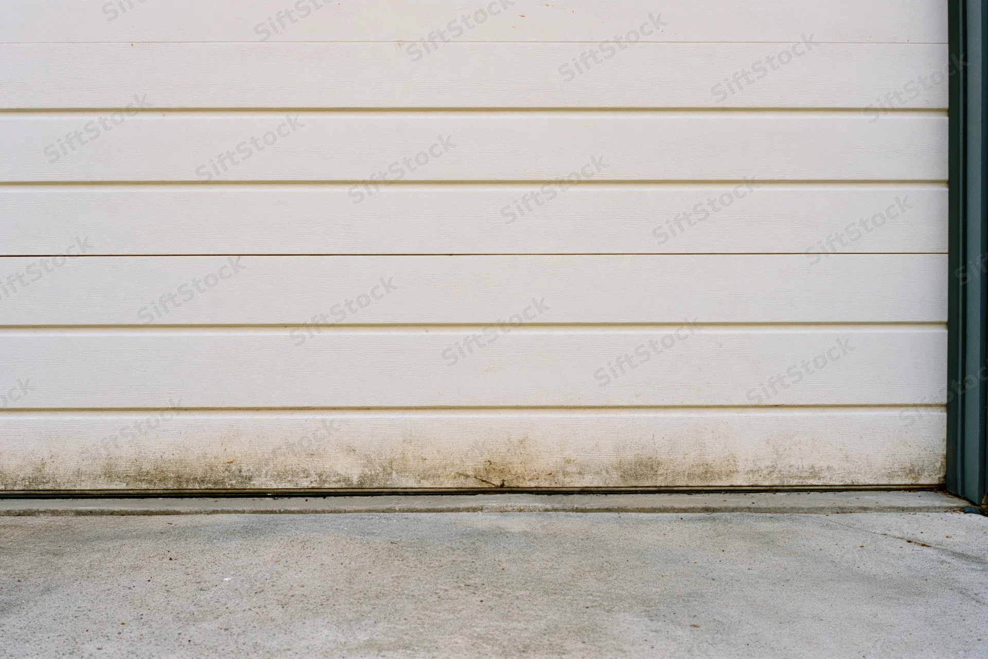 Close-up of an old off-white sectional garage door with horizontal panels and stained base against a concrete foundation