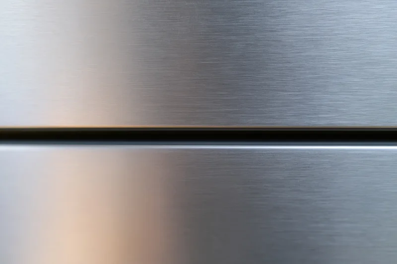 Close-up of brushed stainless steel refrigerator door panels showing horizontal seam and reflective surface