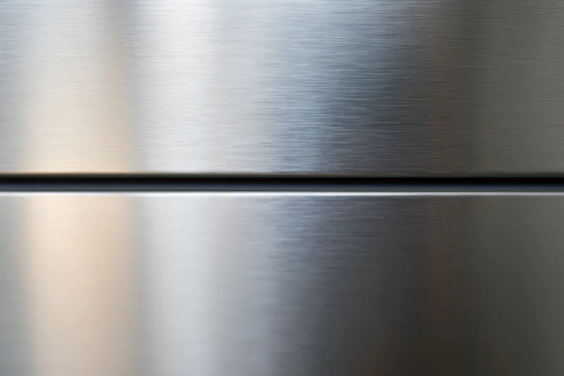 Close-up of brushed stainless steel refrigerator door panels