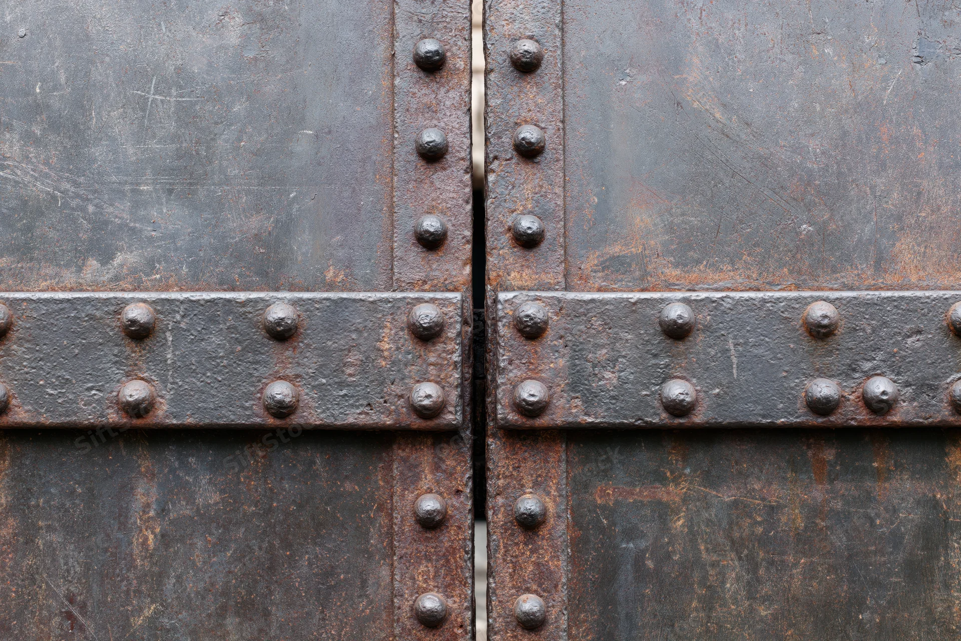 Close-up of two weathered steel gate panels meeting at a narrow gap with rivets and horizontal bars