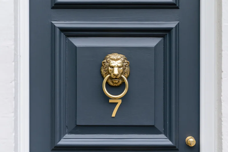 Close-up of a dark grey wooden front door with a brass lion knocker and gold number 7