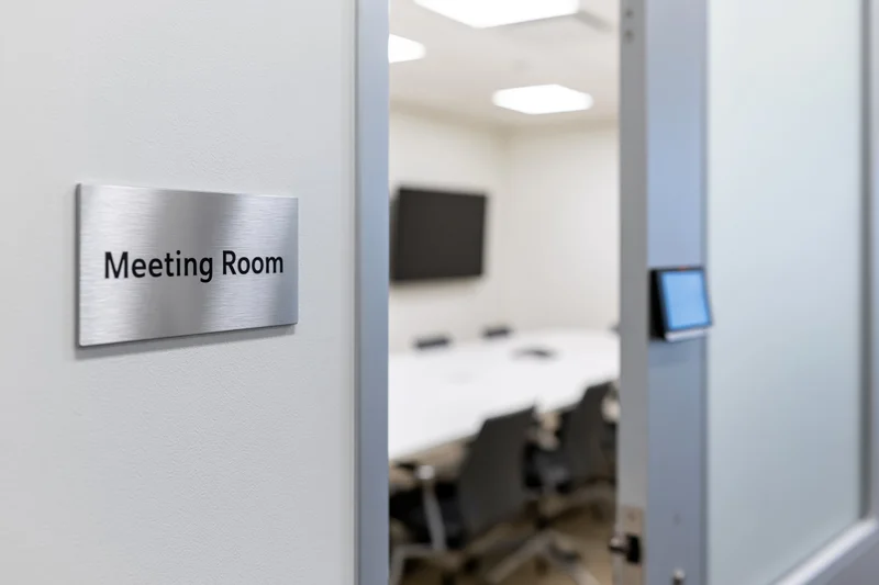 Doorway to meeting room with brushed aluminum sign and visible conference table inside