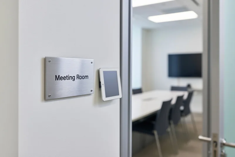 Meeting room doorway slightly ajar showing interior with table and chairs