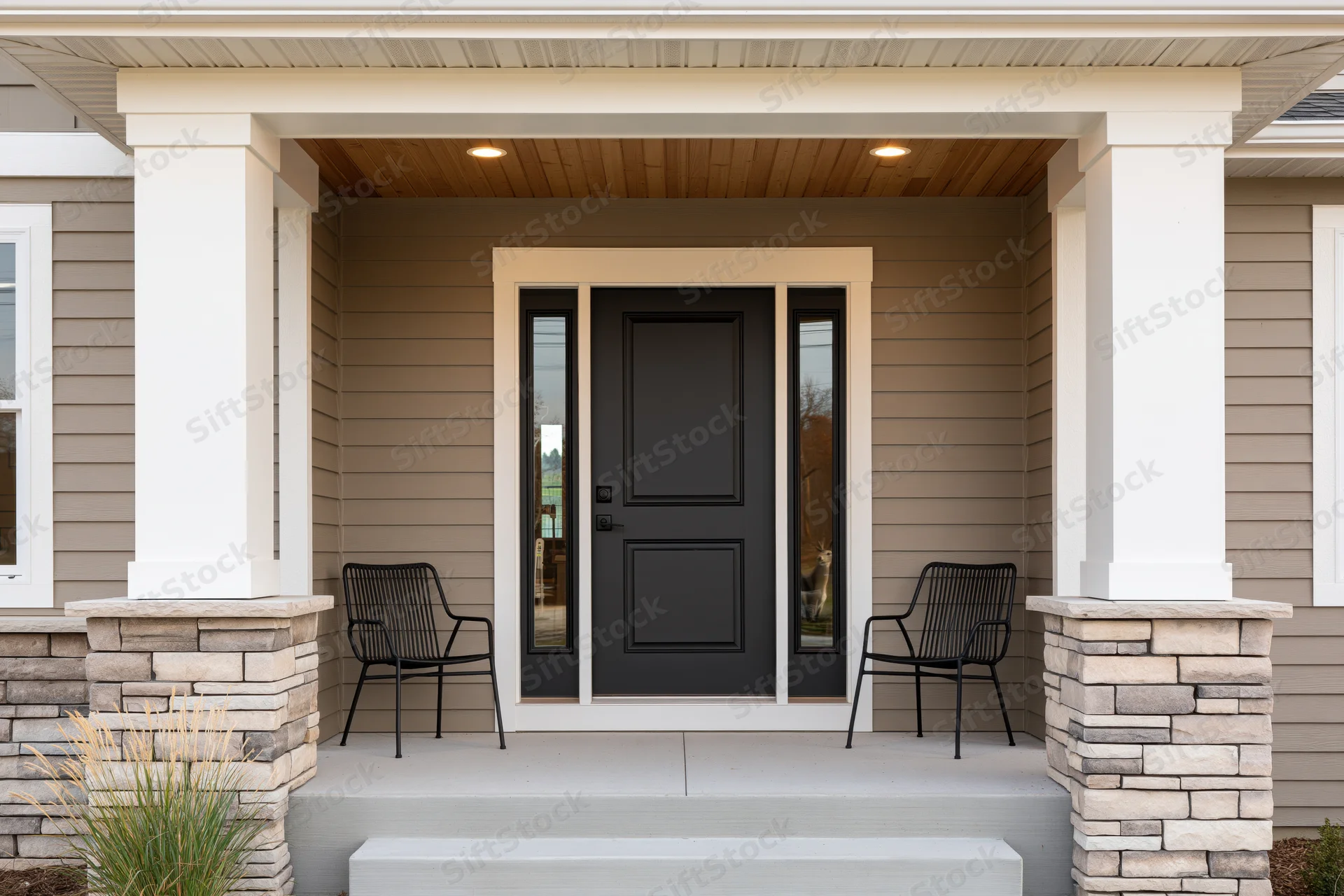 Covered front porch with black door and metal chairs flanked by stone columns on a suburban home