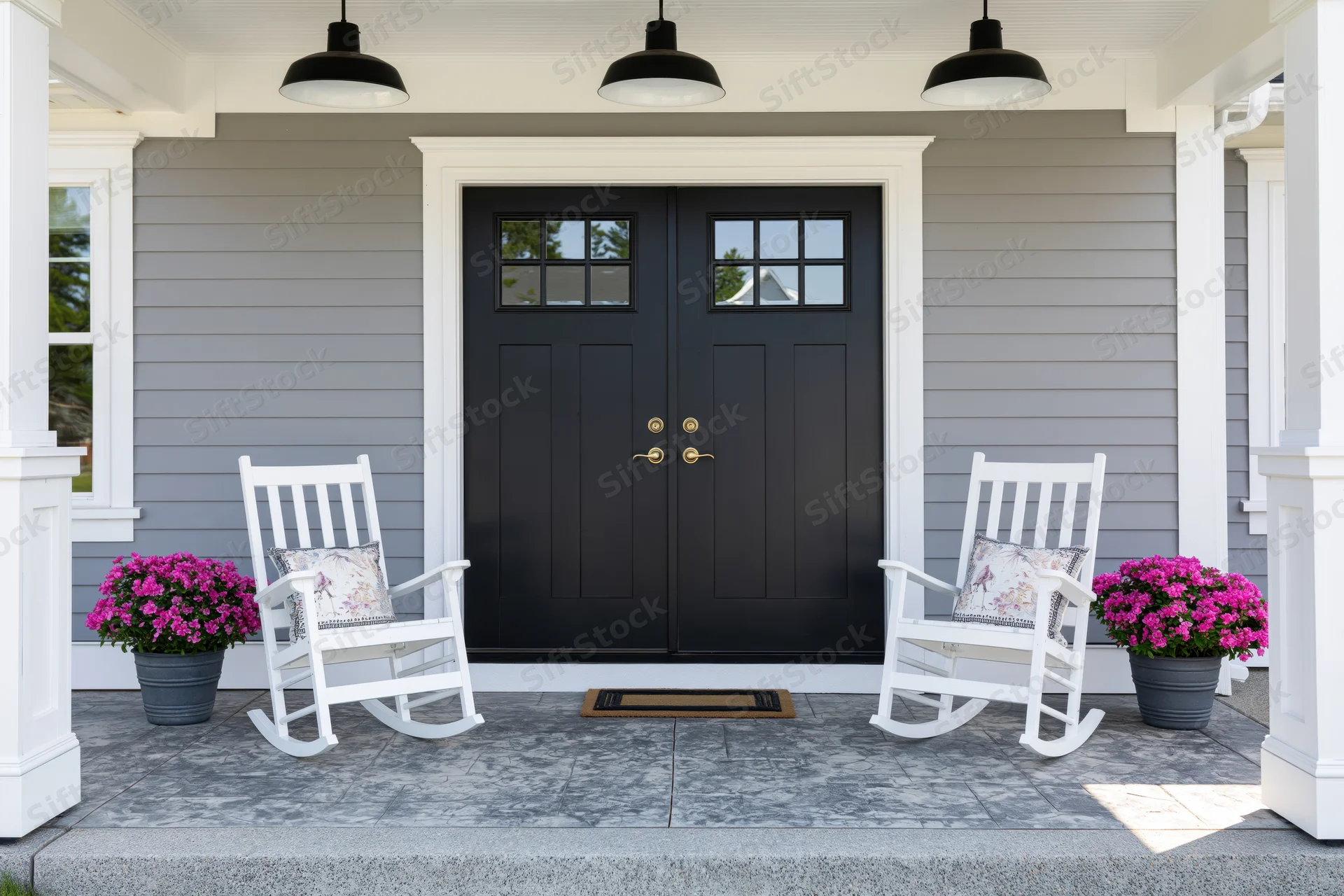 Symmetrical craftsman-style home front porch with black double door, white rocking chairs, and pink potted flowers