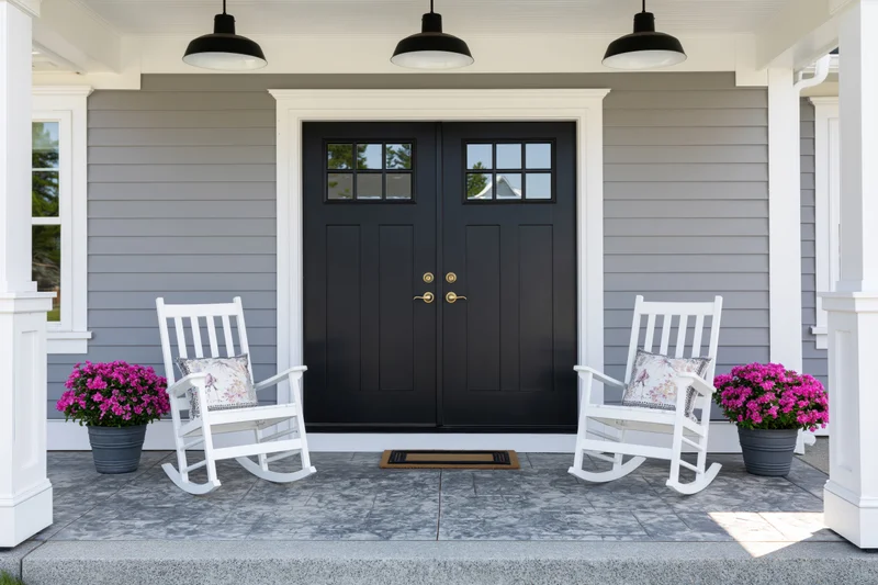 Symmetrical craftsman-style home front porch with black double door, white rocking chairs, and pink potted flowers