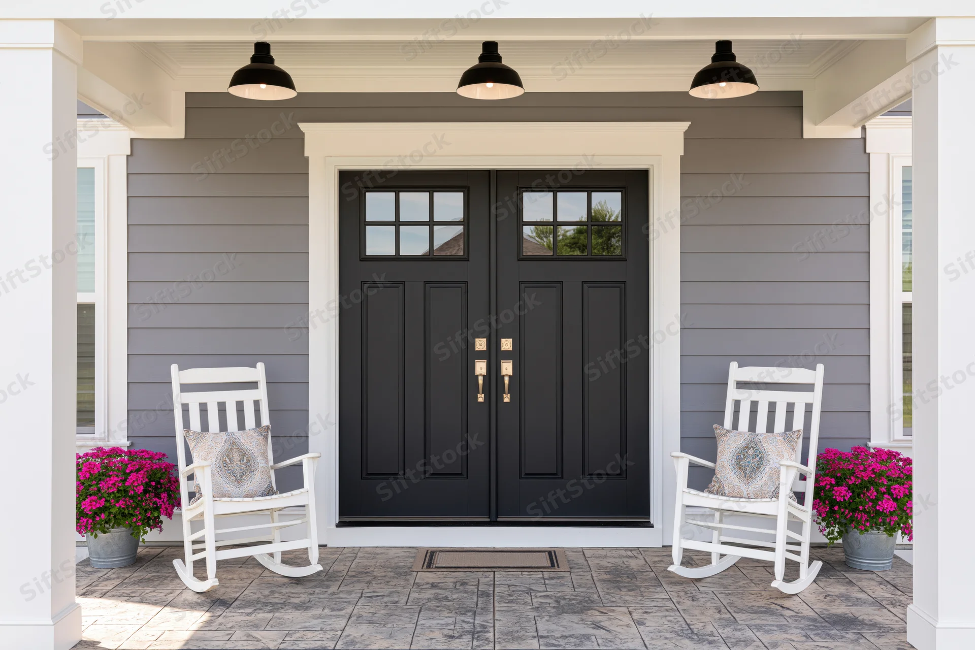 Symmetrical front porch with black double doors flanked by white rocking chairs and pink potted flowers