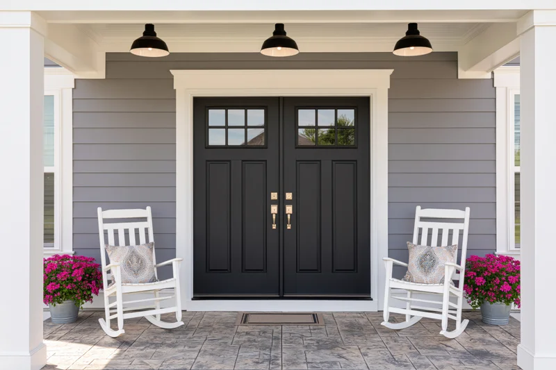 Symmetrical front porch with black double doors flanked by white rocking chairs and pink potted flowers