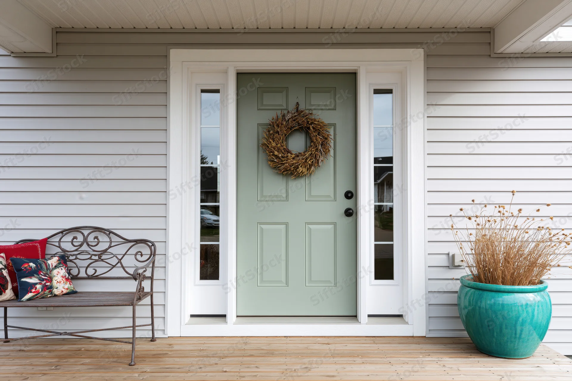 Sage green front door with dried wreath on suburban home porch, flanked by metal bench with floral pillows and turquoise ceramic planter with dried plants