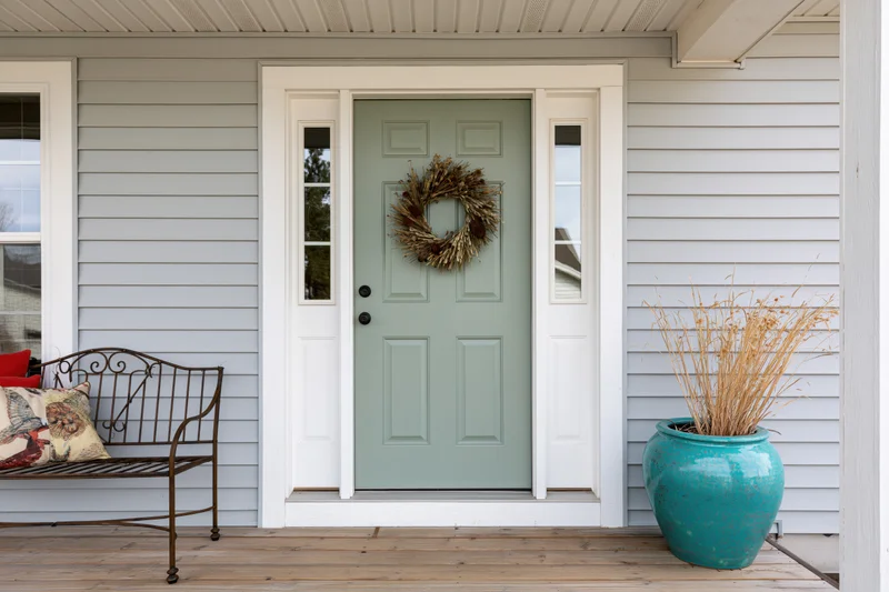 Sage green front door with dried wreath on a suburban home porch featuring white siding, wooden deck, metal bench with red cushion, and turquoise vase with dried grass