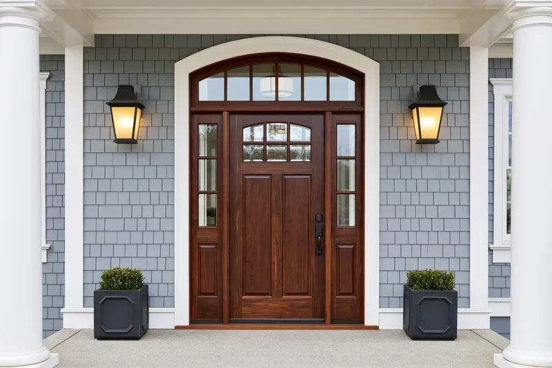 Craftsman-style front door with arched transom and sidelights on a gray-siding house porch