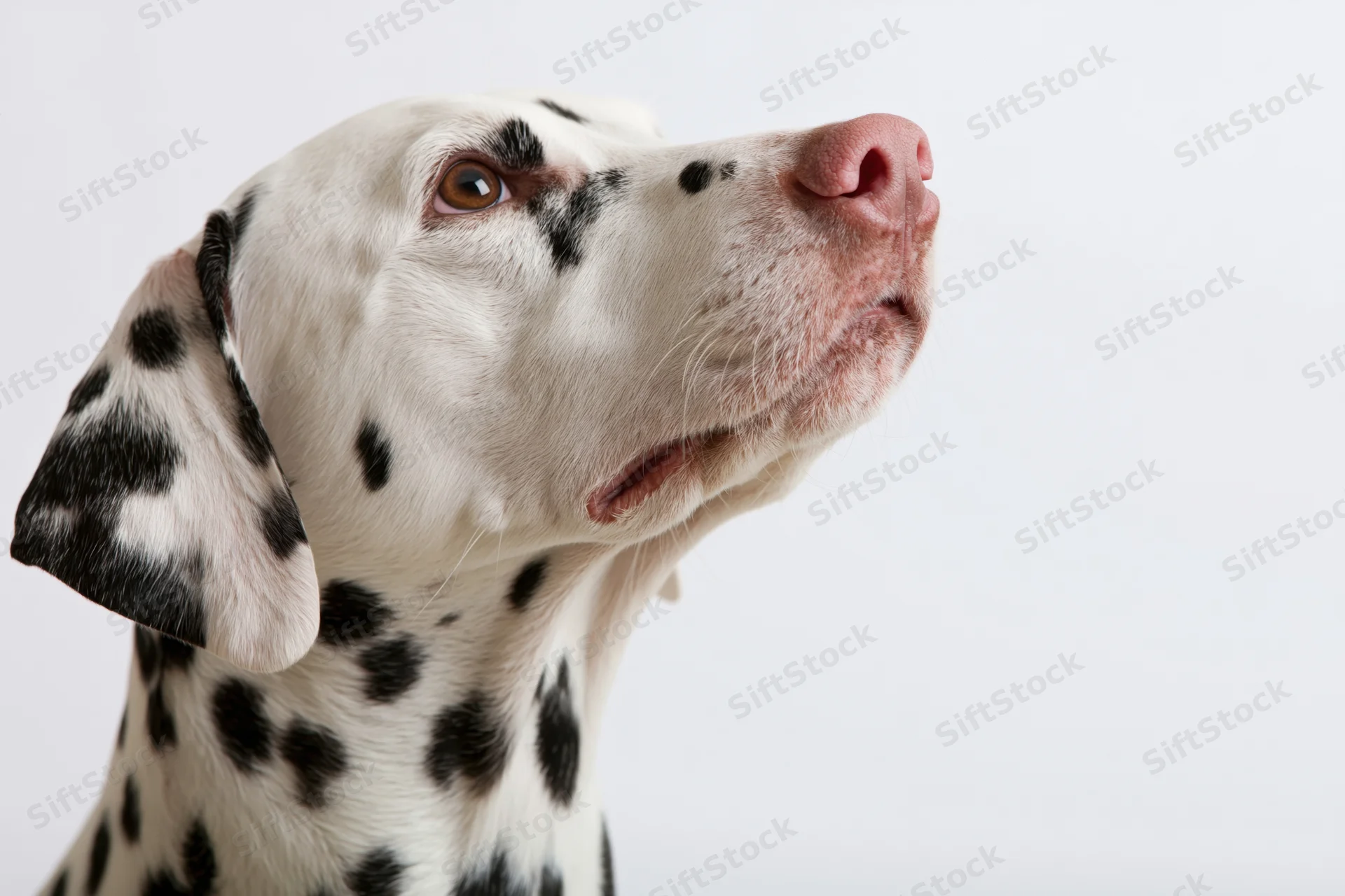 Dalmatian dog looking upward attentively with head and neck visible against white background