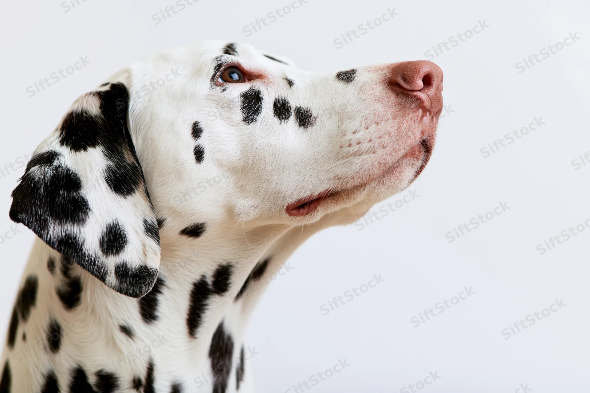 Dalmatian dog looking upward attentively with head and neck visible against white background