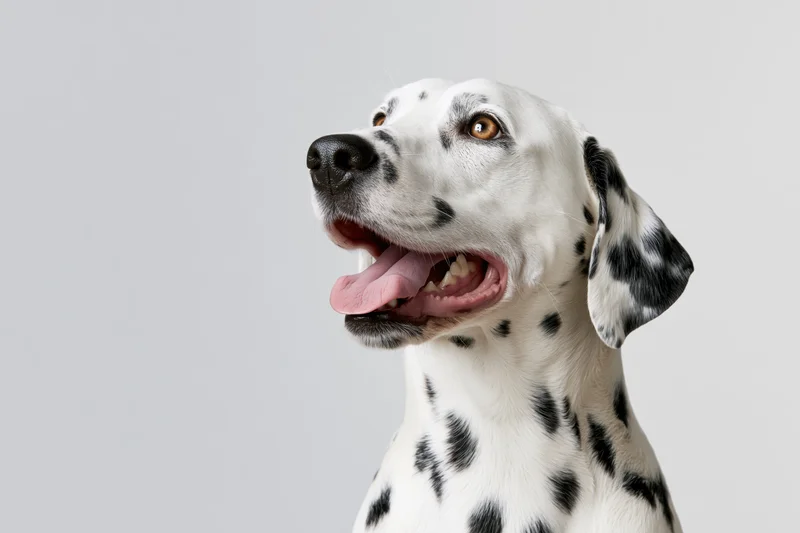 Dalmatian dog with open mouth and tongue out looking up in studio portrait