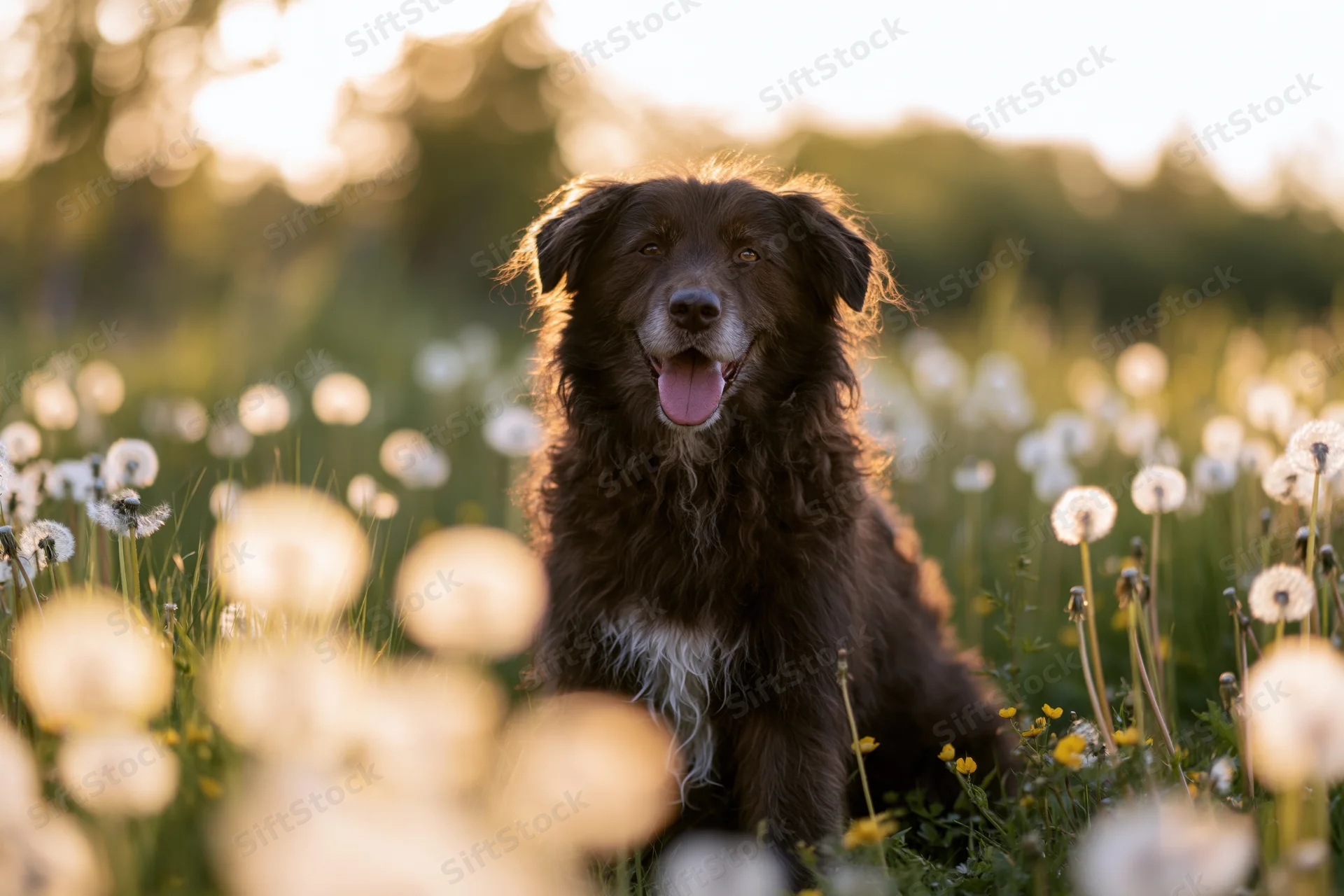 Dark brown shaggy dog sitting in a meadow filled with dandelions during golden hour