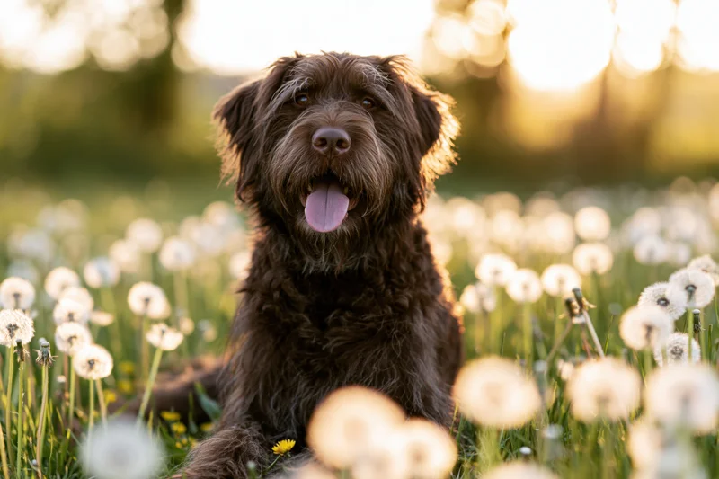 Dark brown shaggy dog sitting in a meadow filled with dandelions during golden hour