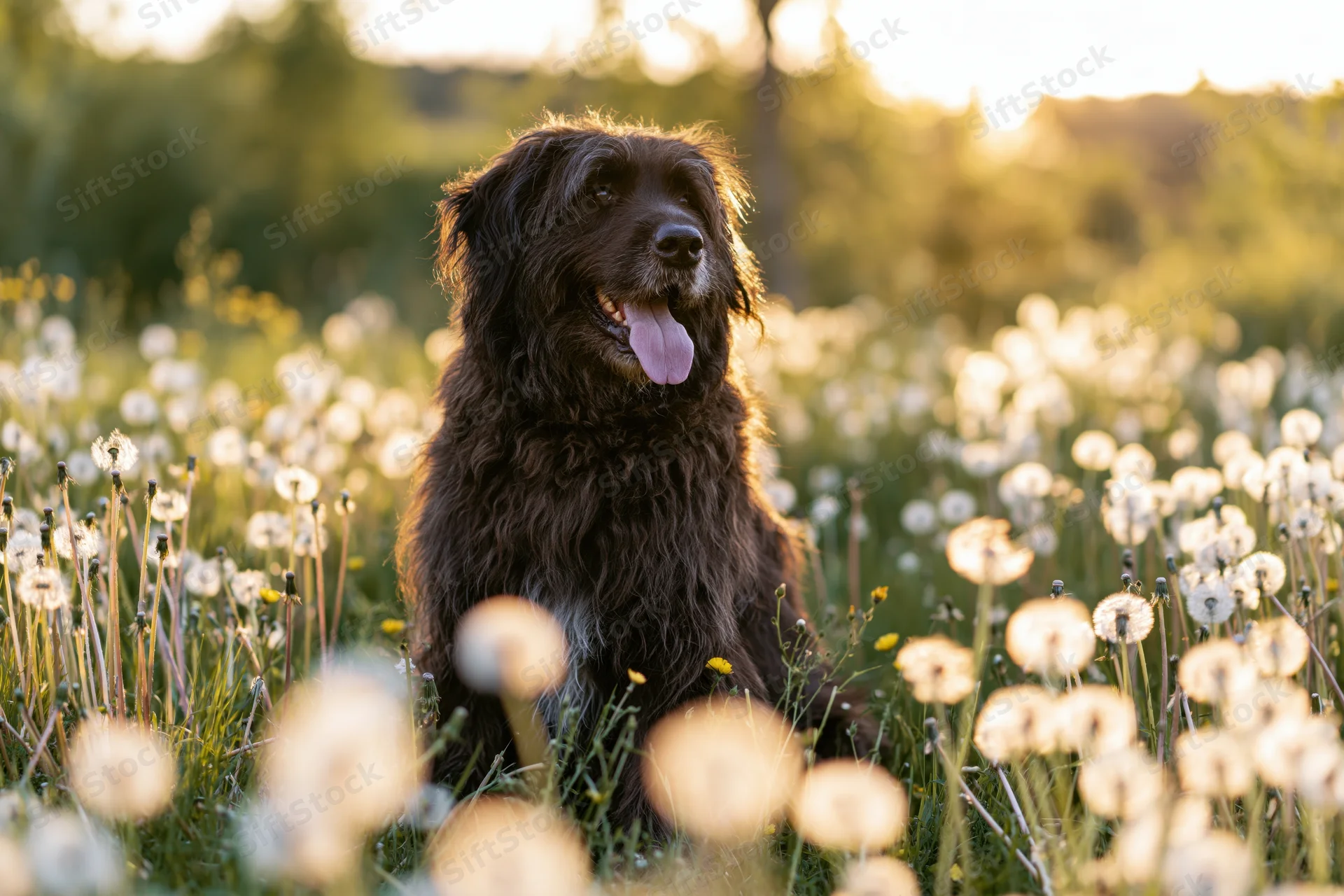 Dark brown shaggy dog sitting in a meadow filled with dandelions at sunset