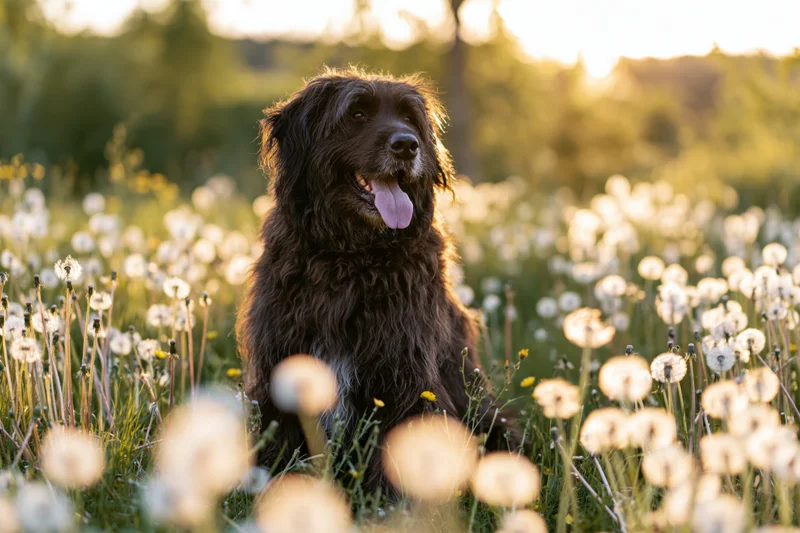 Dark brown shaggy dog sitting in a meadow filled with dandelions at sunset