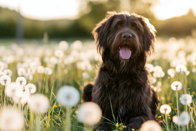 Dark brown shaggy dog sitting in a meadow filled with dandelions during golden hour