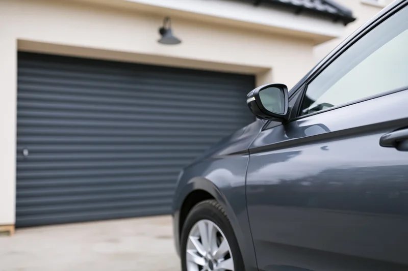 Dark grey sedan parked in front of a residential garage with roller door and exterior light fixture