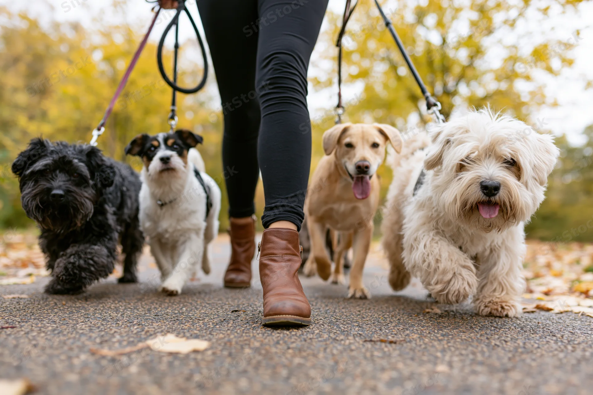 Woman walking four dogs on a park path in autumn