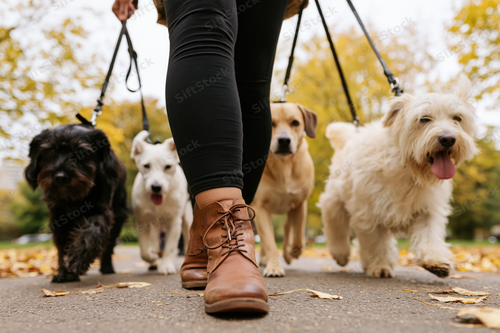 Dogwalker walking four dogs on a park path in autumn