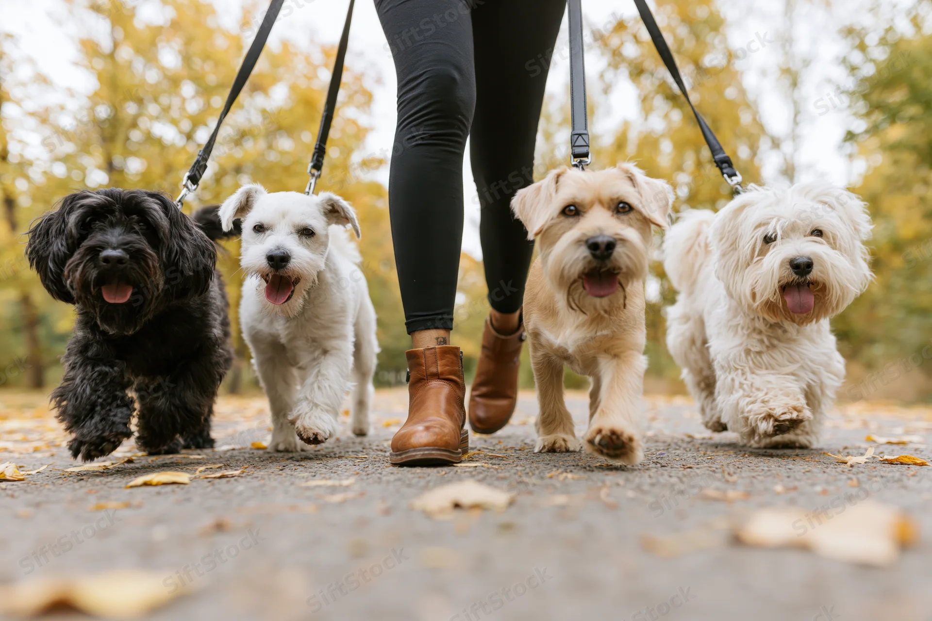 Woman walking four dogs on leashes along a park path in autumn