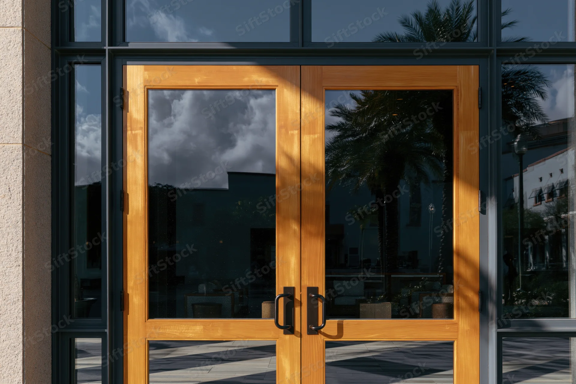 Double glass doors with wooden frames reflecting sky and palm trees on a building exterior