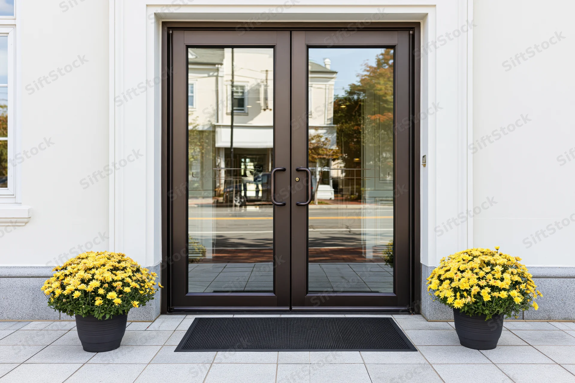 Double glass entrance doors with dark bronze frames flanked by potted yellow chrysanthemums on a tiled sidewalk