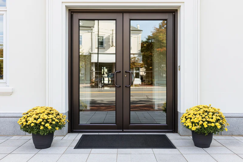 Double glass entrance doors with dark bronze frames flanked by potted yellow chrysanthemums on a tiled sidewalk