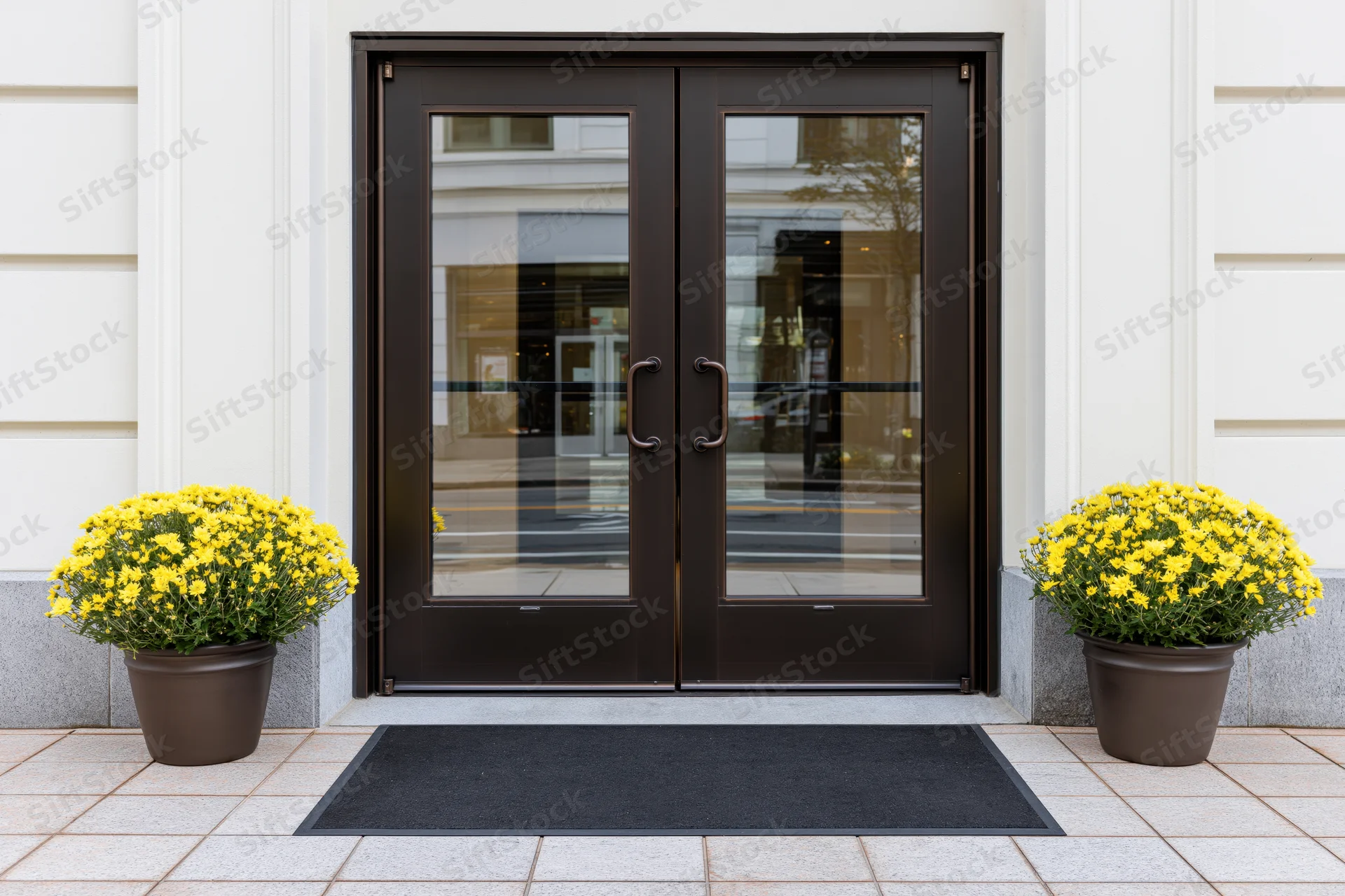 Double glass entrance doors with dark bronze frames flanked by yellow chrysanthemums in planters on a tiled sidewalk
