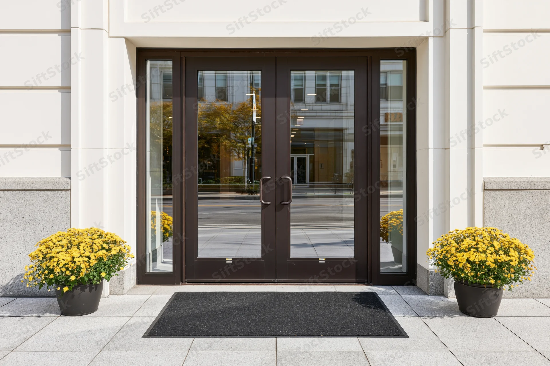 Double glass entrance doors with dark bronze frames set into a modern building facade, flanked by potted yellow flowers on a stone pavement