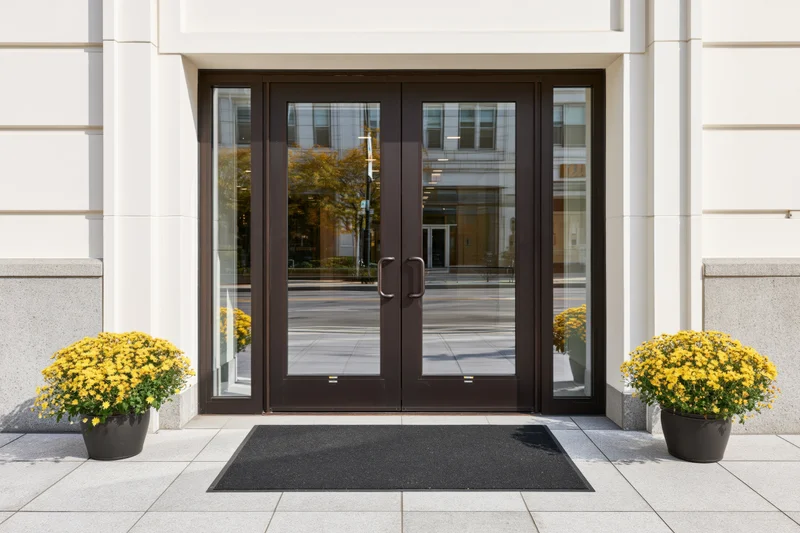 Double glass entrance doors with dark bronze frames set into a modern building facade, flanked by potted yellow flowers on a stone pavement