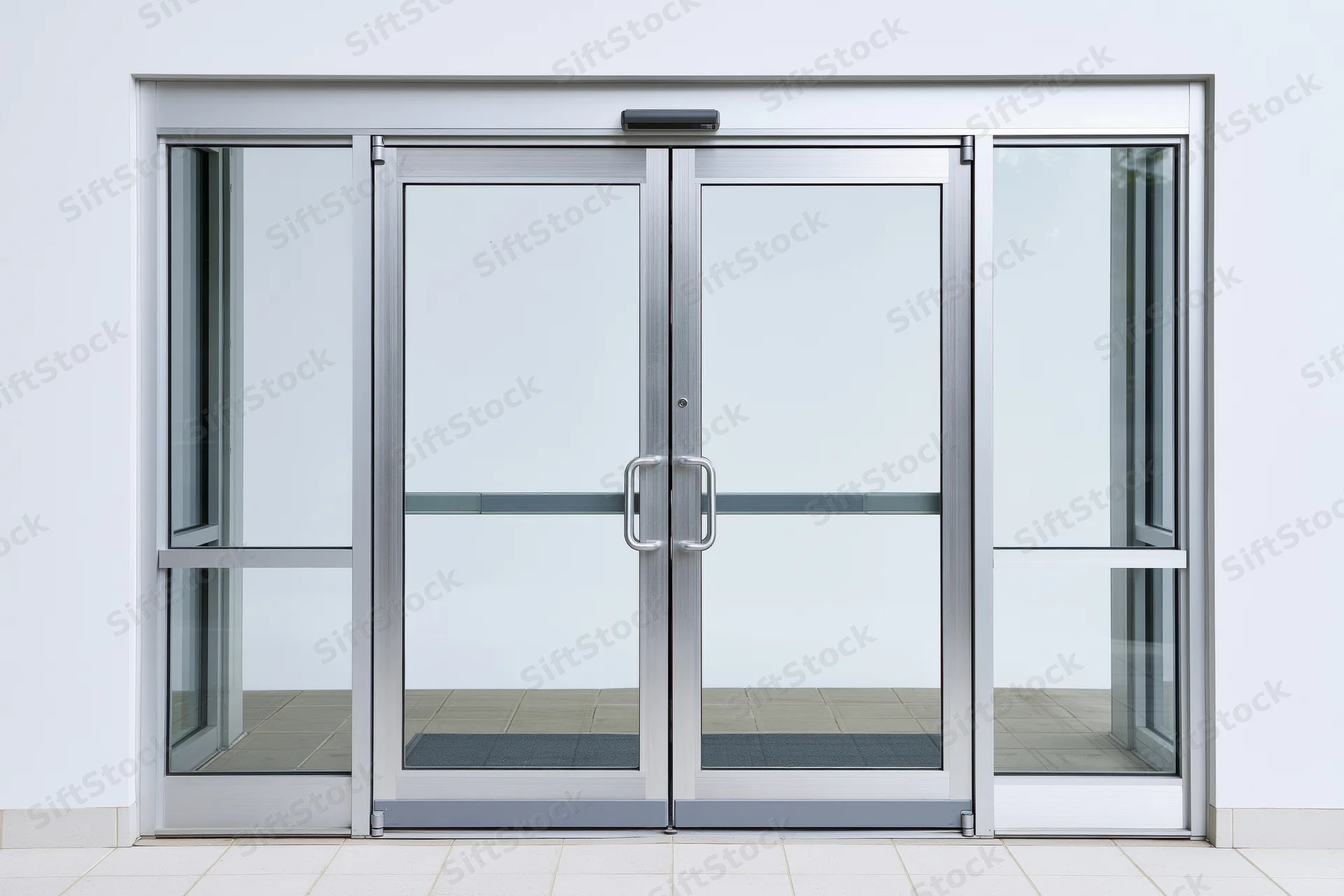 Double glass doors with aluminum frames centered in a building entrance