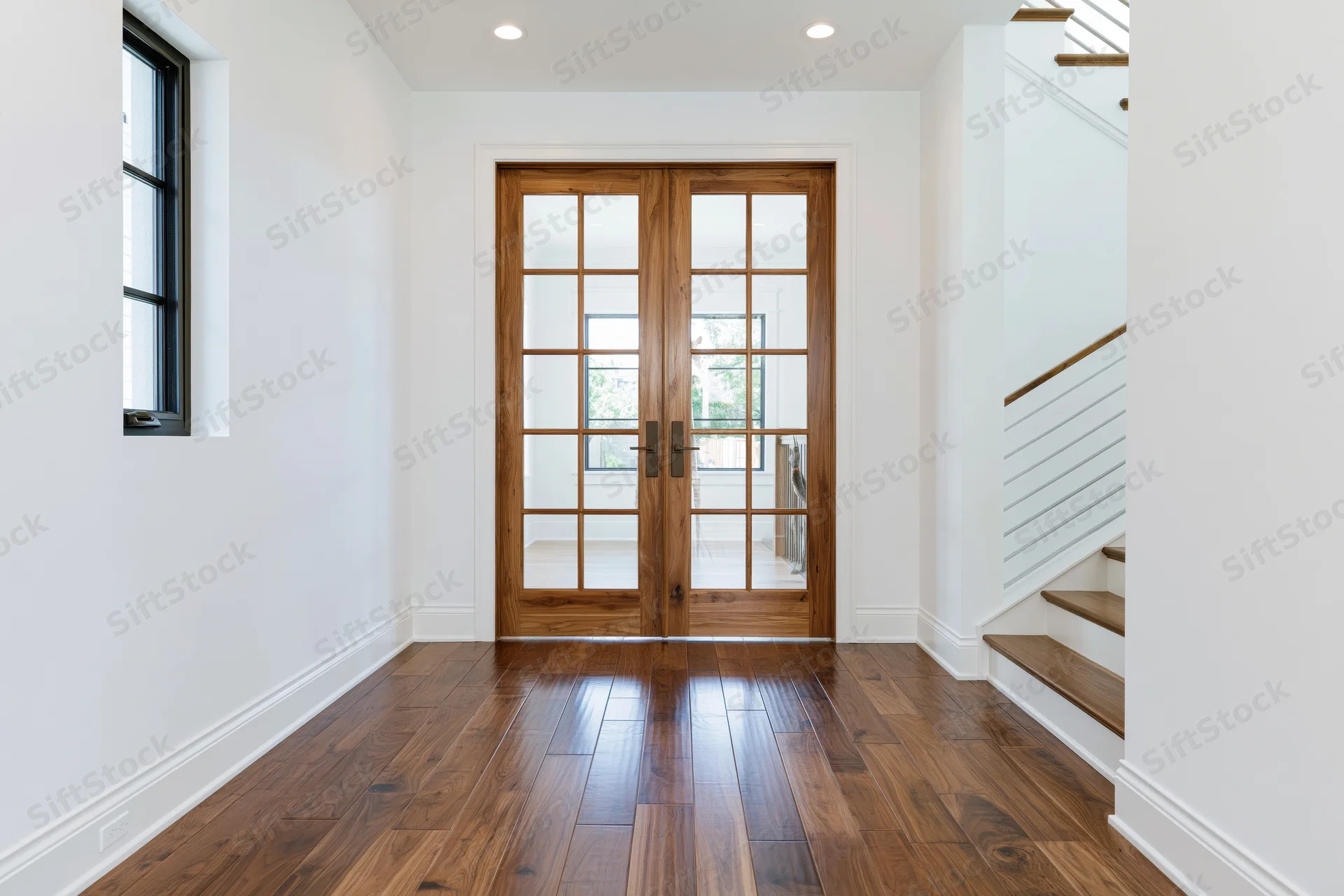 Hallway with double wood-framed french doors and hardwood floor leading to staircase