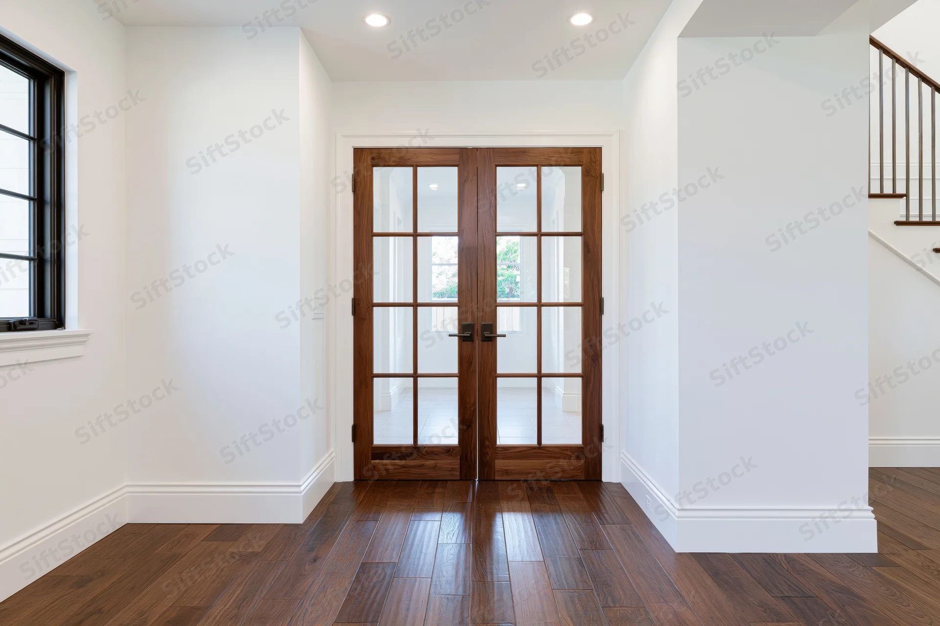 Hallway with double wood-framed french doors and hardwood flooring leading to a bright interior space
