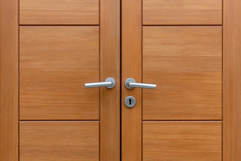 Double wooden door with brushed chrome lever handles and keyhole