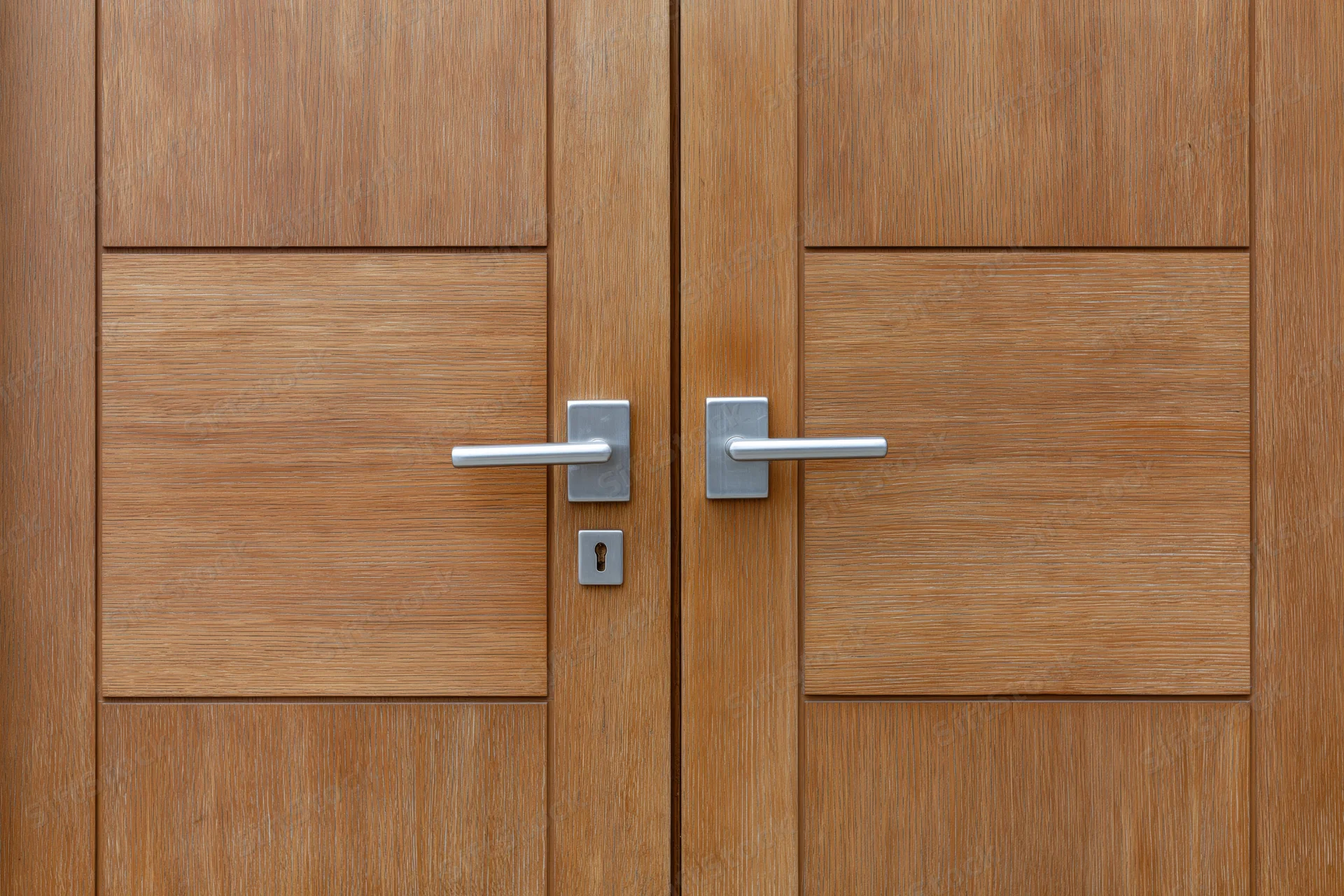 Double wooden door with brushed chrome lever handles and keyhole in modern interior