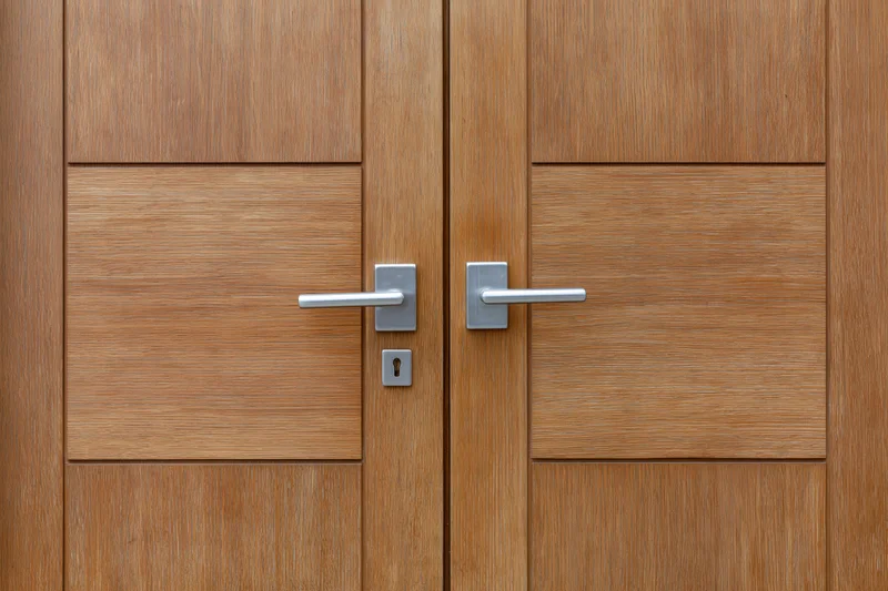 Double wooden door with brushed chrome lever handles and keyhole in modern interior