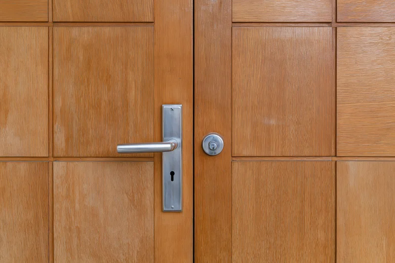 Double wooden door with brushed chrome lever handle and keyhole, interior entrance