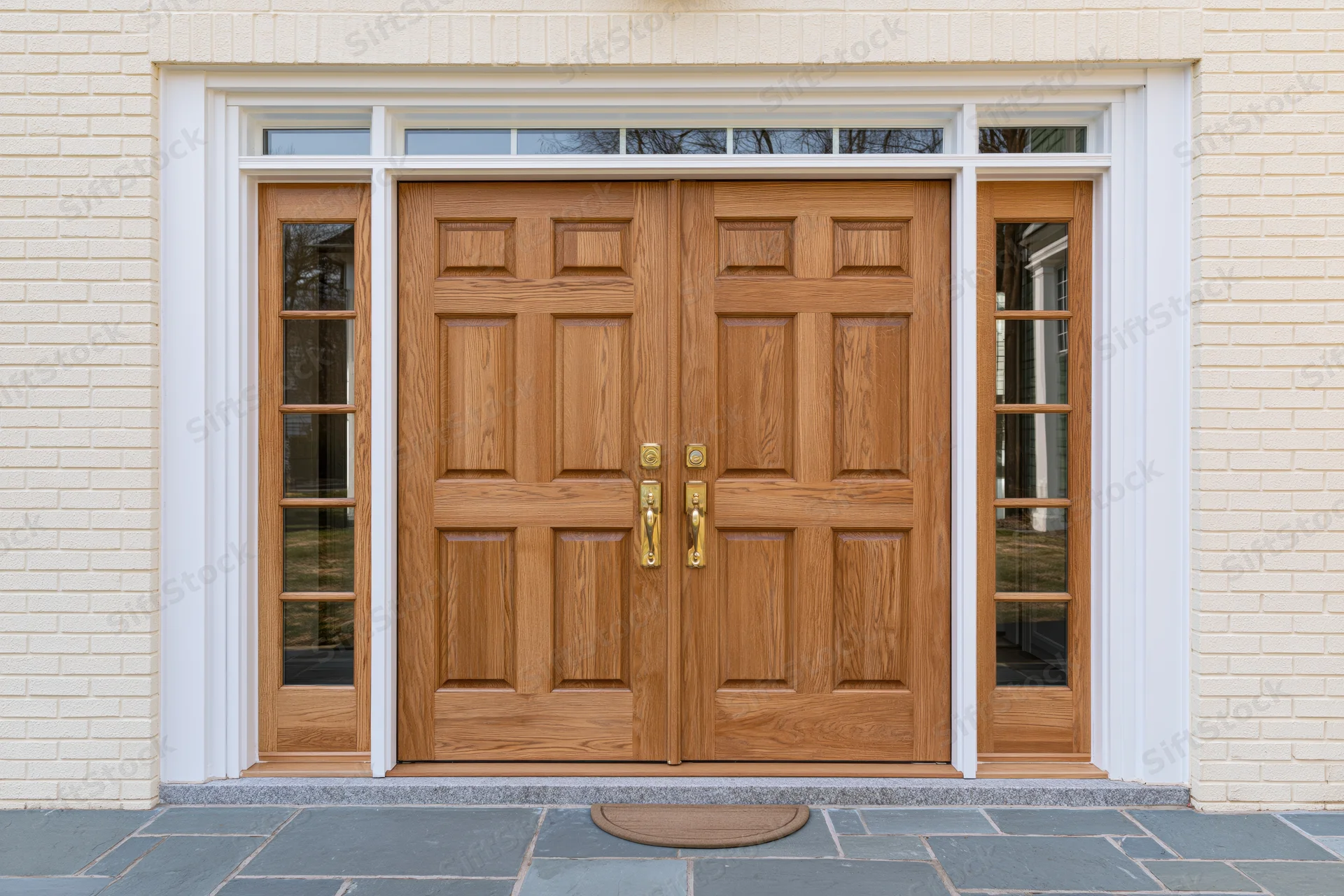 Double wooden front entry doors with raised panels and brass handles on a brick house exterior
