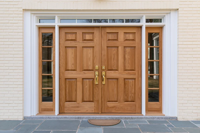 Double wooden front entry doors with raised panels and brass handles on a brick house exterior