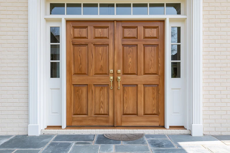 Double wooden front entry doors with raised panels and brass hardware on a brick house exterior