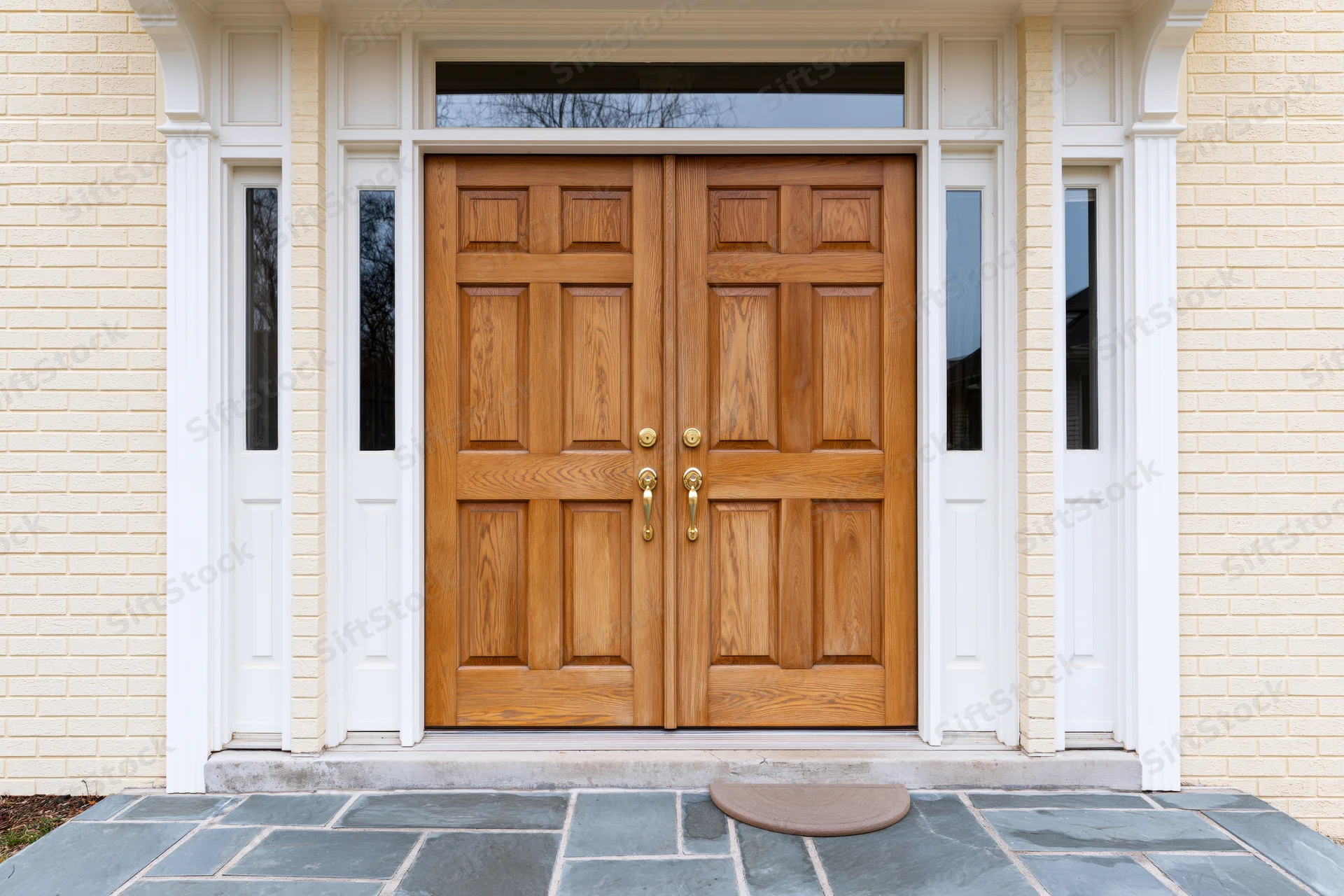 Double wooden front doors with raised panels and brass hardware on a brick house entrance