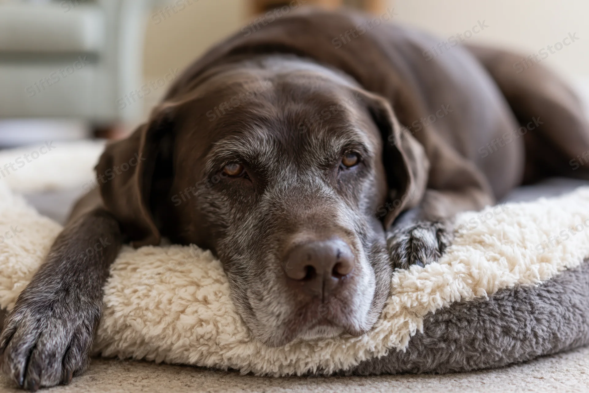 Elderly chocolate labrador resting chin on plush grey dog bed indoors