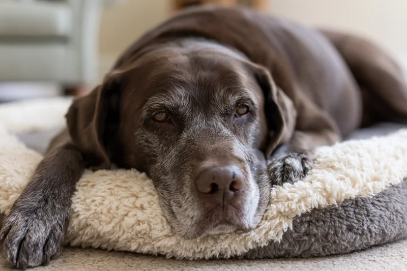 Elderly chocolate labrador resting chin on plush grey dog bed indoors