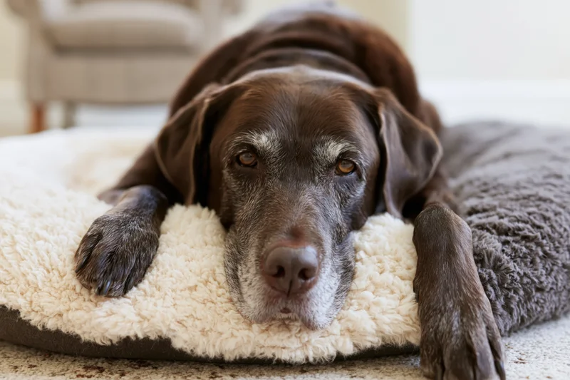 Elderly chocolate labrador resting chin on plush grey dog bed in living room