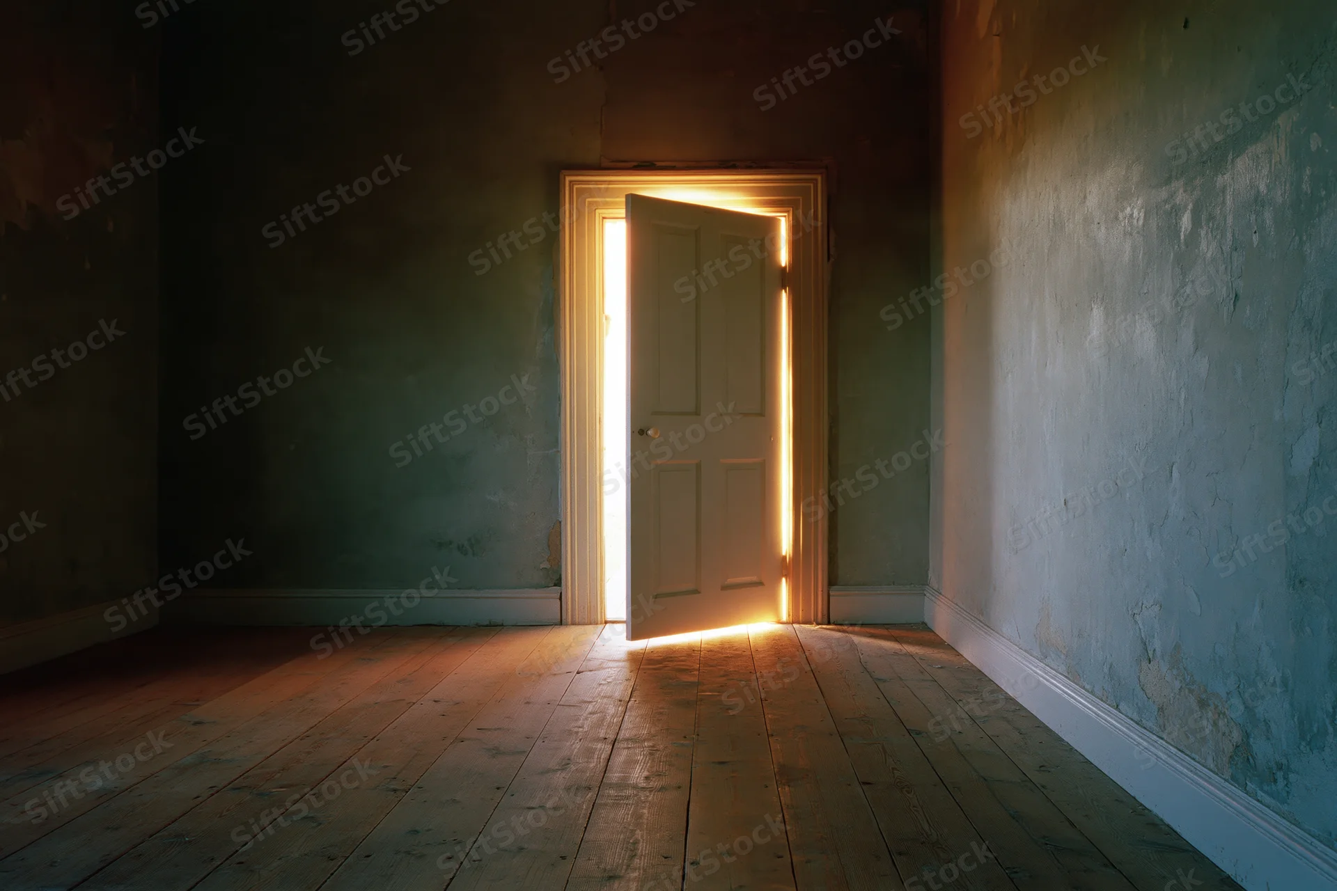 Ajar white door letting in warm golden light into dark empty room with wooden floor and peeling walls