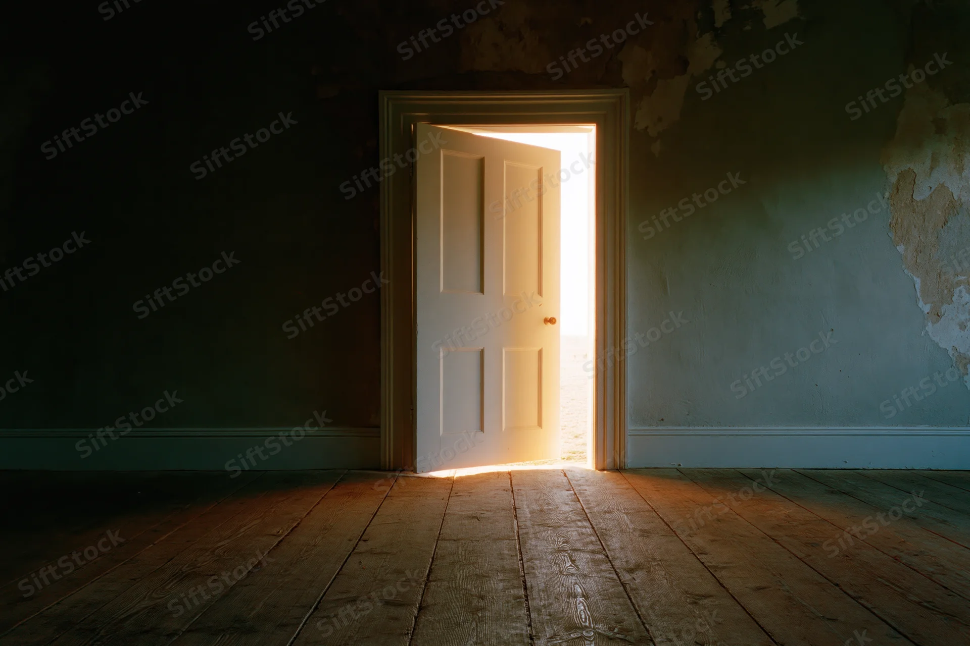 Ajar white door letting in golden light into dark empty room with peeling walls and wooden floor